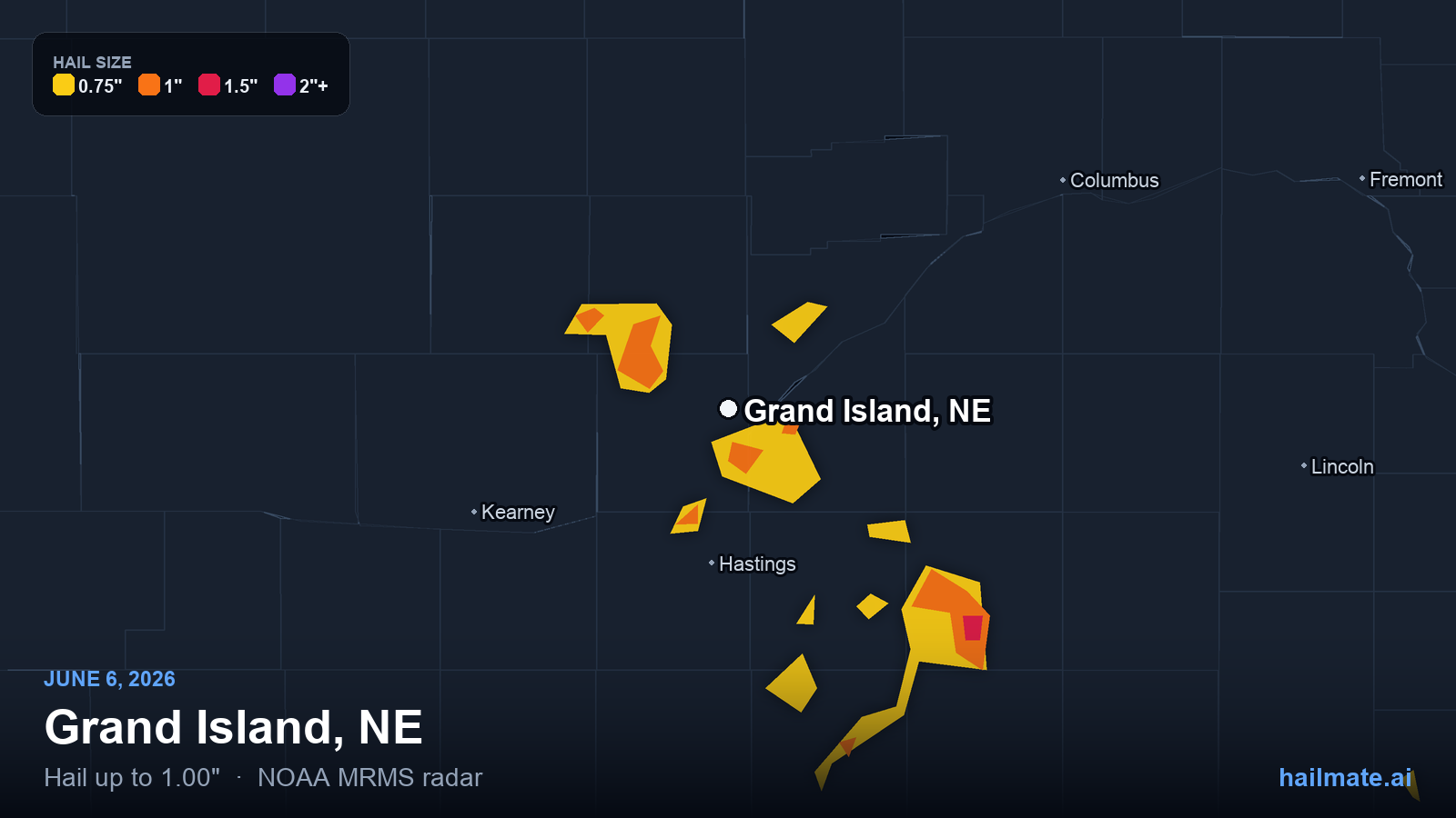 Hail swath map for Grand Island, NE on June 6, 2026 showing 1.00 inch hail.
