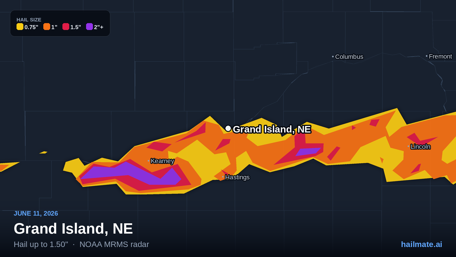 Hail swath map for Grand Island, NE on June 11, 2026 showing 1.50 inch hail.