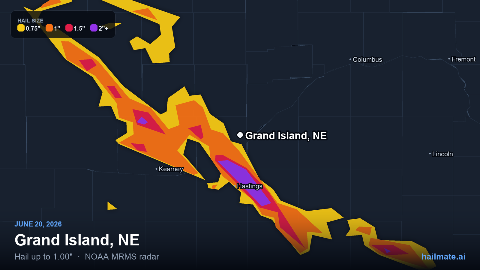 Hail swath map for Grand Island, NE on June 20, 2026 showing 1.00 inch hail.