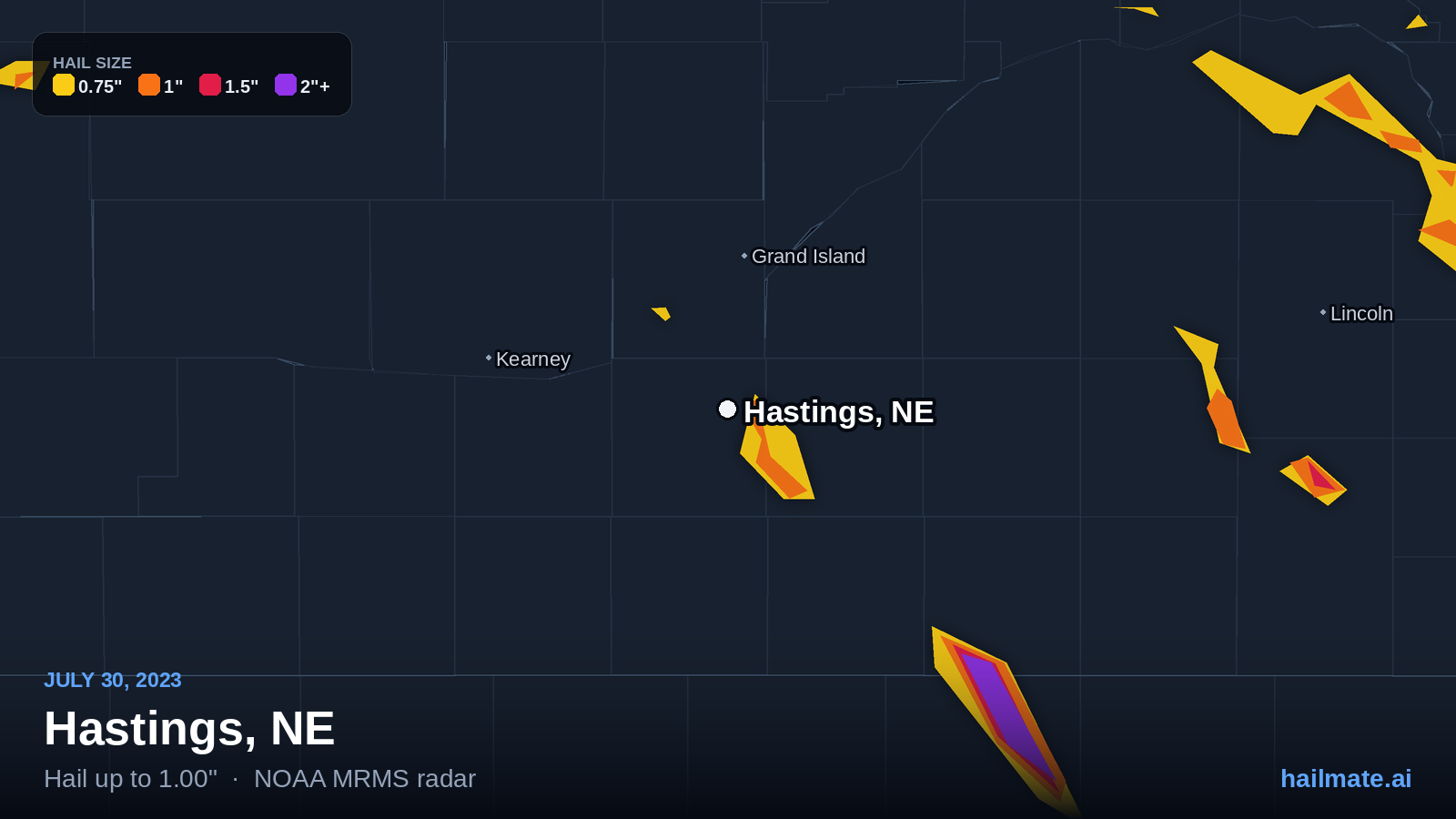 Hail swath map for Hastings, NE on July 30, 2023 showing 1.00 inch hail.