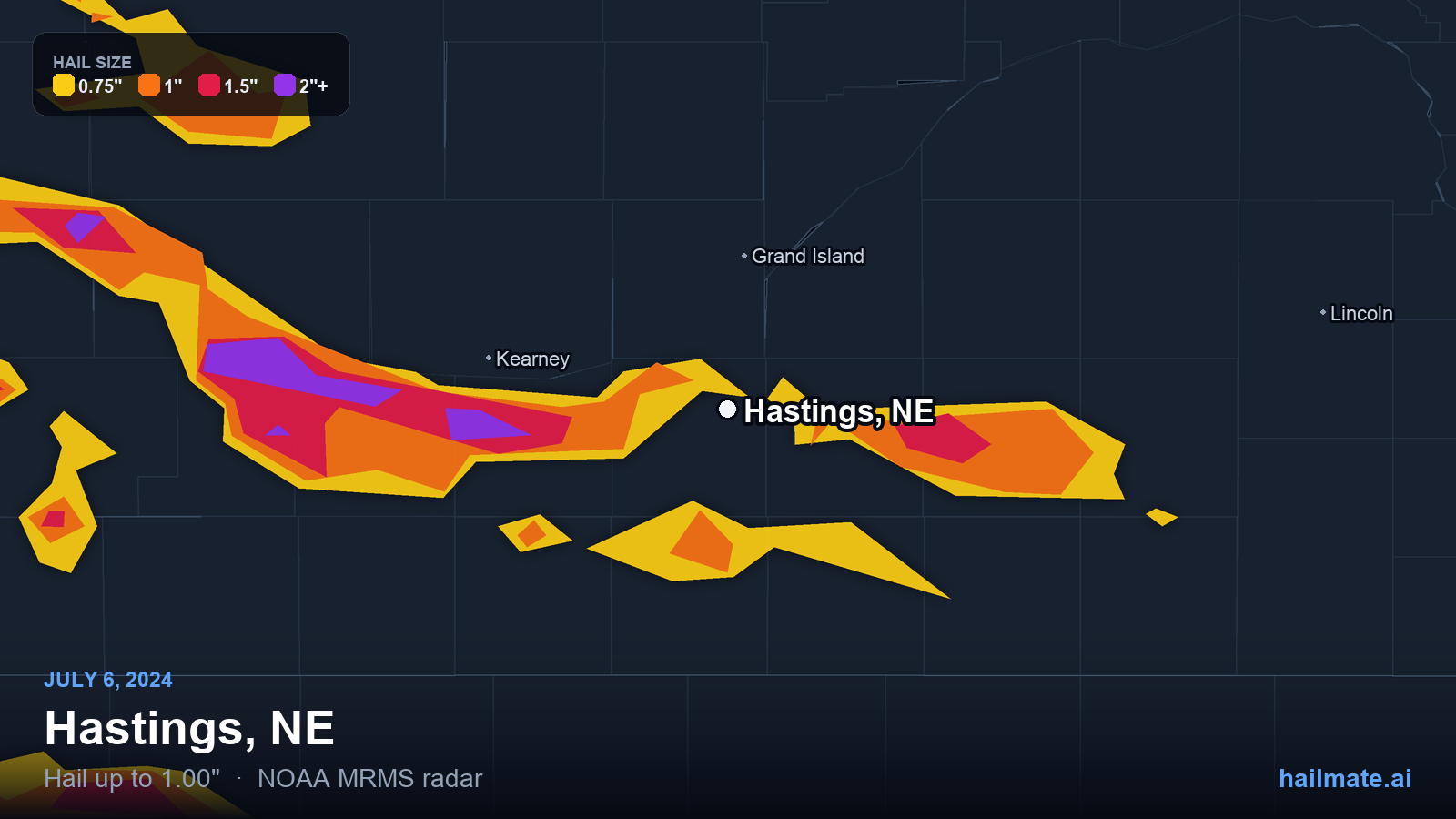 Hail swath map for Hastings, NE on July 6, 2024 showing 1.00 inch hail.