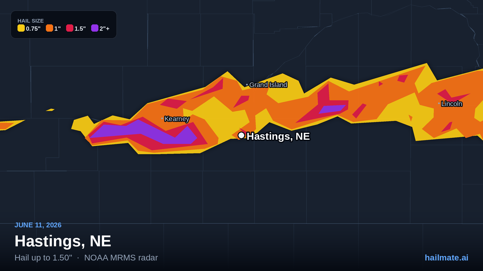 Hail swath map for Hastings, NE on June 11, 2026 showing 1.50 inch hail.