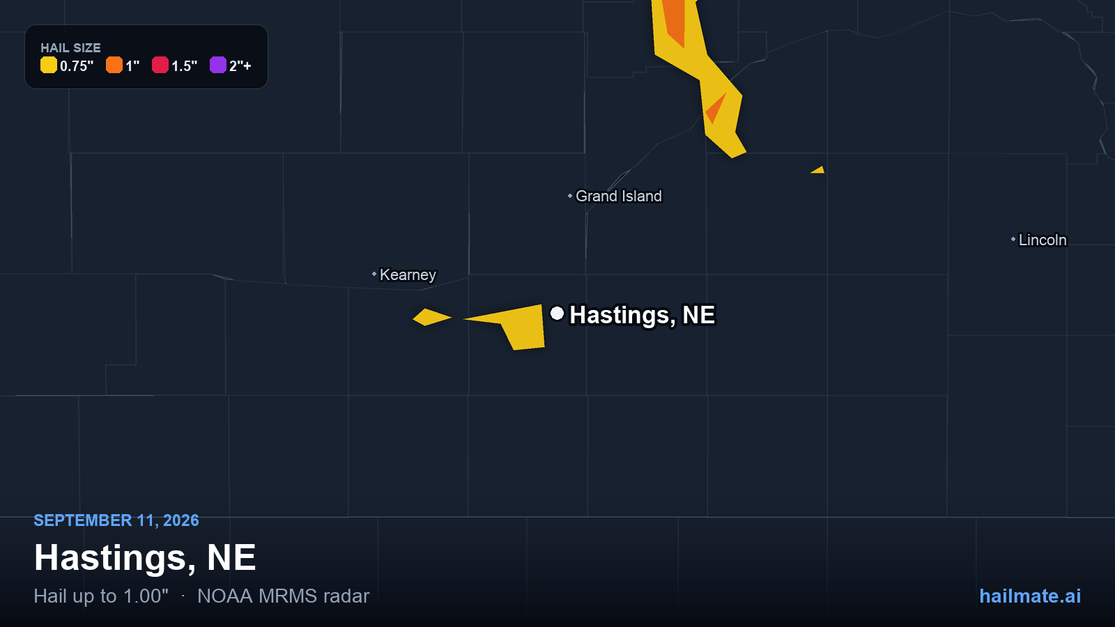 Hail swath map for Hastings, NE on September 11, 2026 showing 1.00 inch hail.
