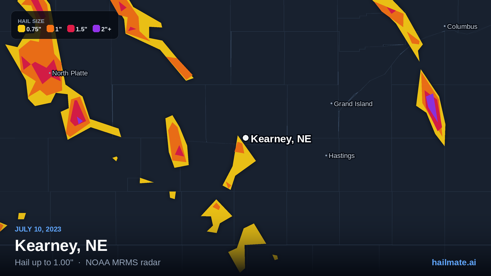 Hail swath map for Kearney, NE on July 10, 2023 showing 1.00 inch hail.