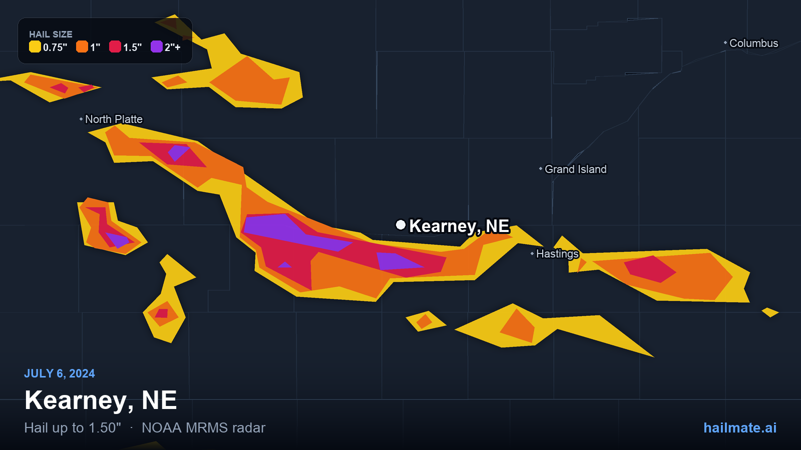 Hail swath map for Kearney, NE on July 6, 2024 showing 1.50 inch hail.