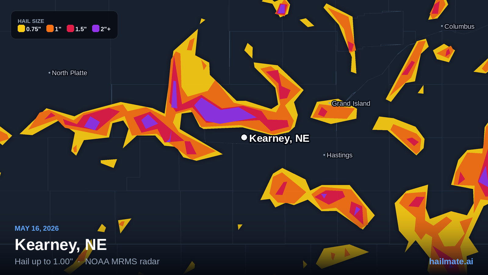 Hail swath map for Kearney, NE on May 16, 2026 showing 1.00 inch hail.