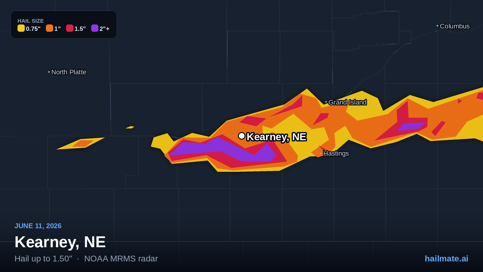 Hail swath map for Kearney, NE on June 11, 2026 showing 1.50 inch hail.