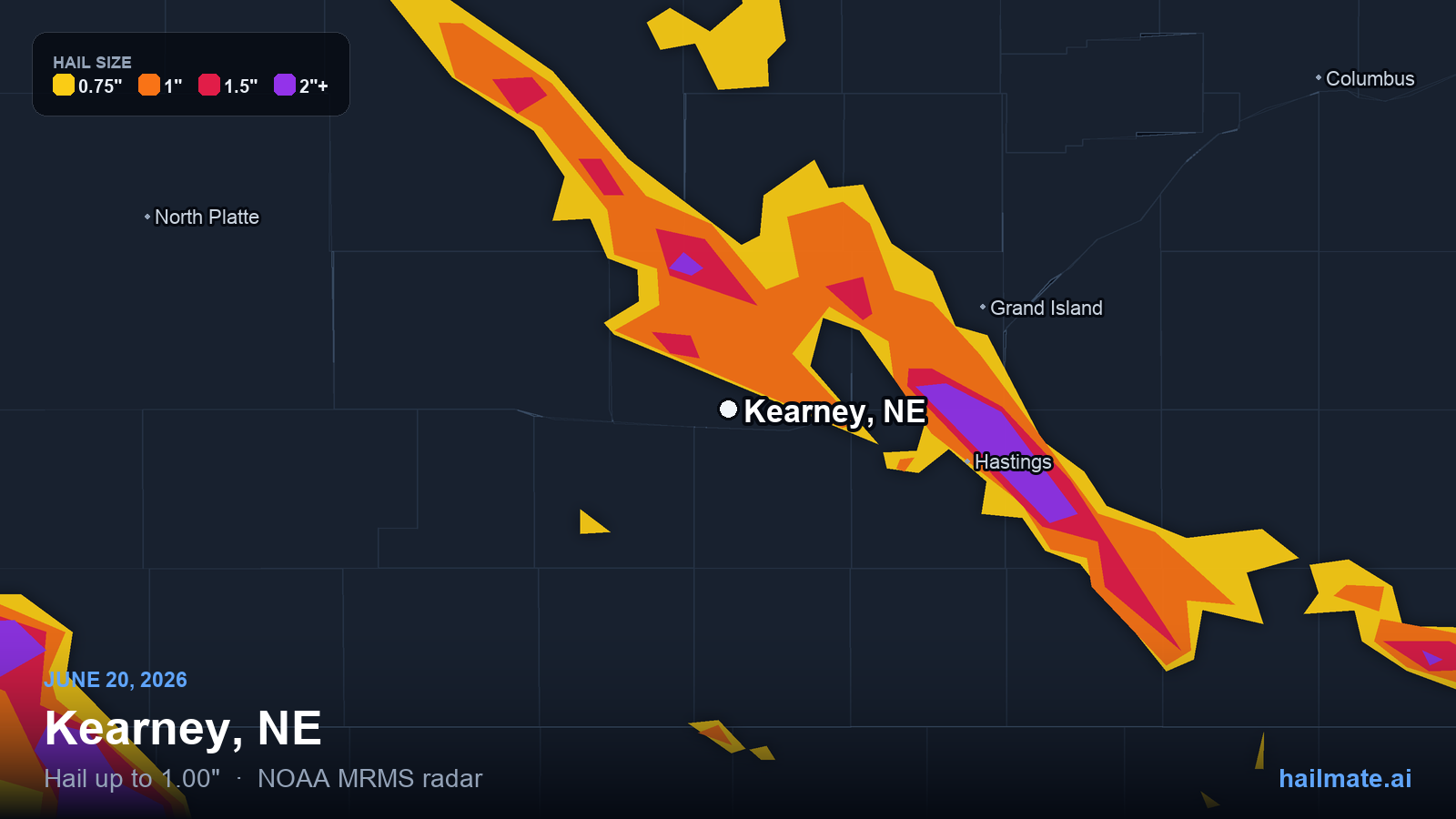 Hail swath map for Kearney, NE on June 20, 2026 showing 1.00 inch hail.
