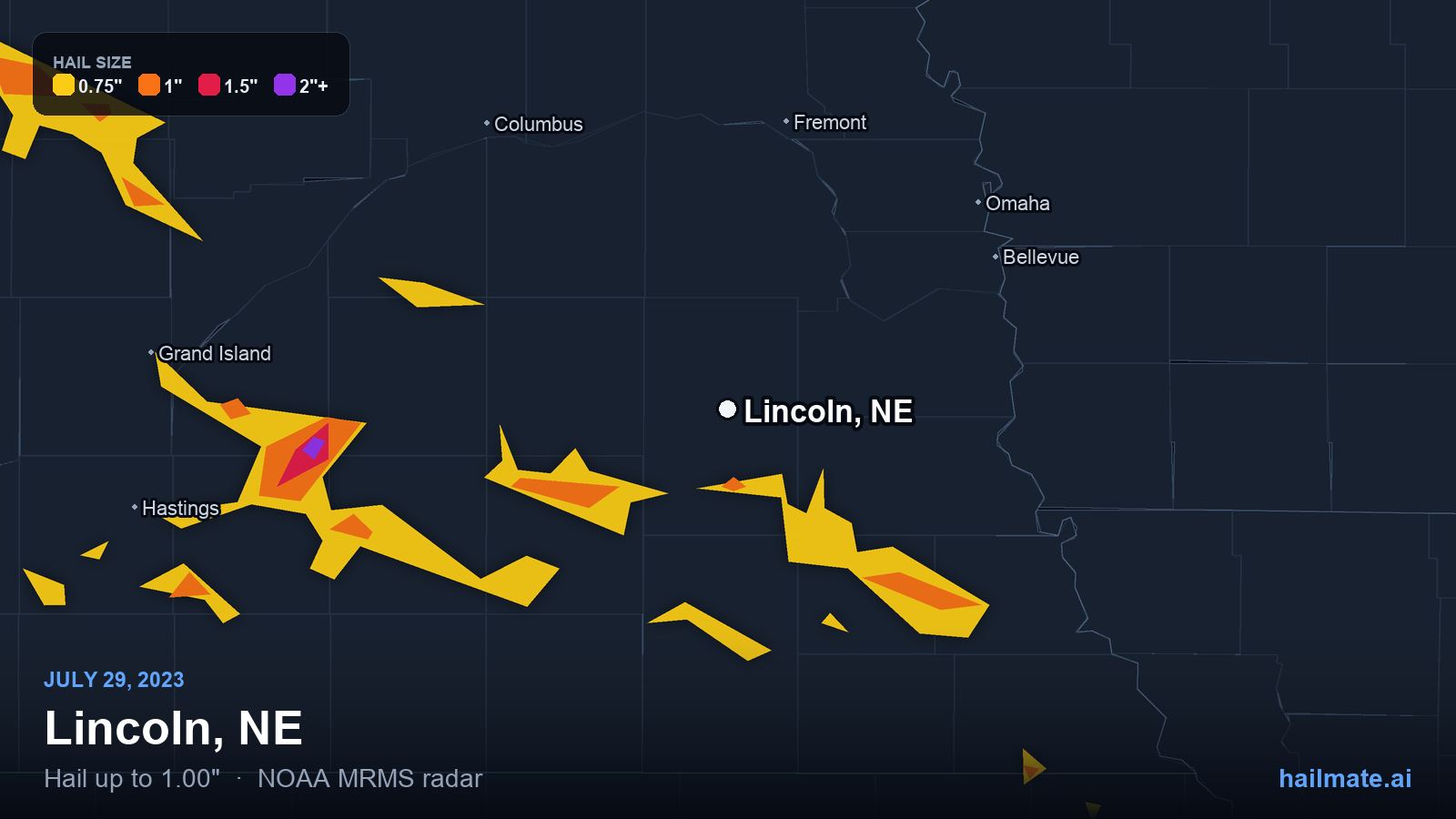 Hail swath map for Lincoln, NE on July 29, 2023 showing 1.00 inch hail.