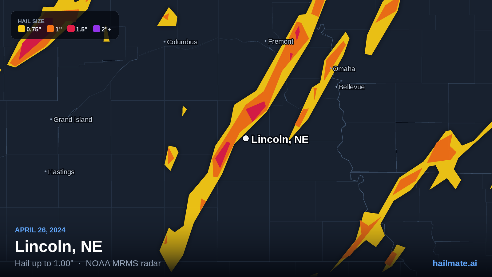 Hail swath map for Lincoln, NE on April 26, 2024 showing 1.00 inch hail.