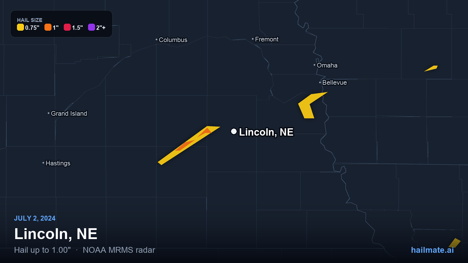 Hail swath map for Lincoln, NE on July 2, 2024 showing 1.00 inch hail.