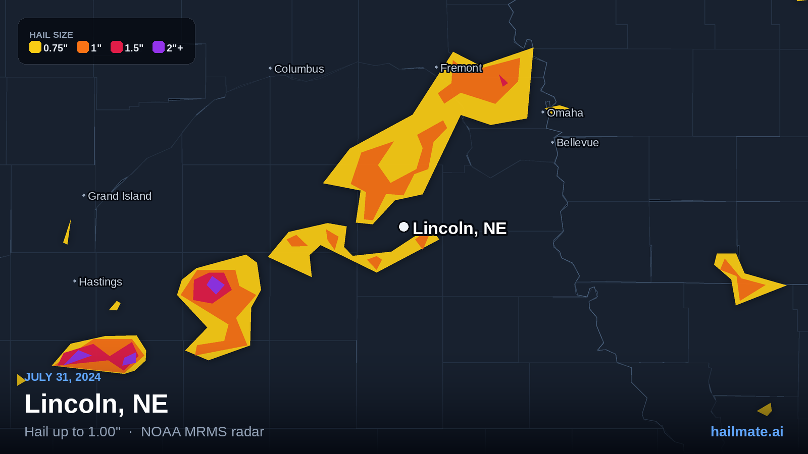 Hail swath map for Lincoln, NE on July 31, 2024 showing 1.00 inch hail.