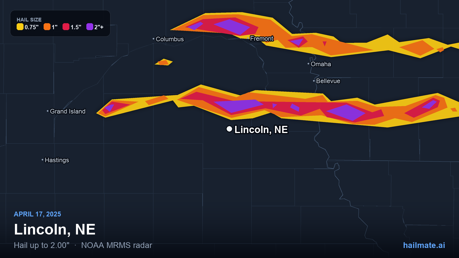 Hail swath map for Lincoln, NE on April 17, 2025 showing 2.00 inch hail.