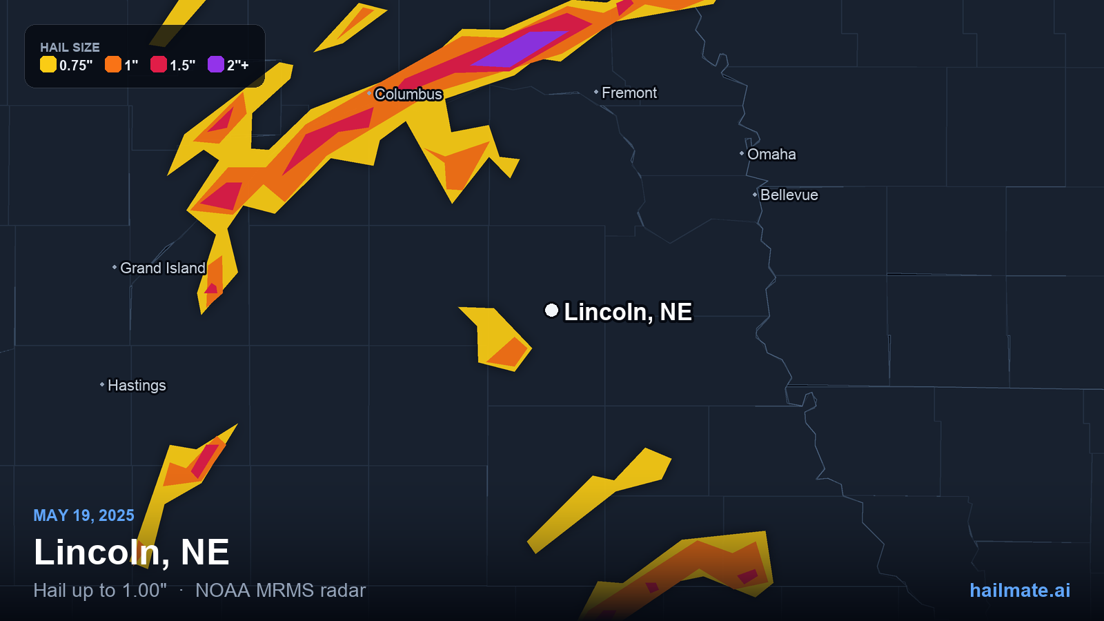 Hail swath map for Lincoln, NE on May 19, 2025 showing 1.00 inch hail.
