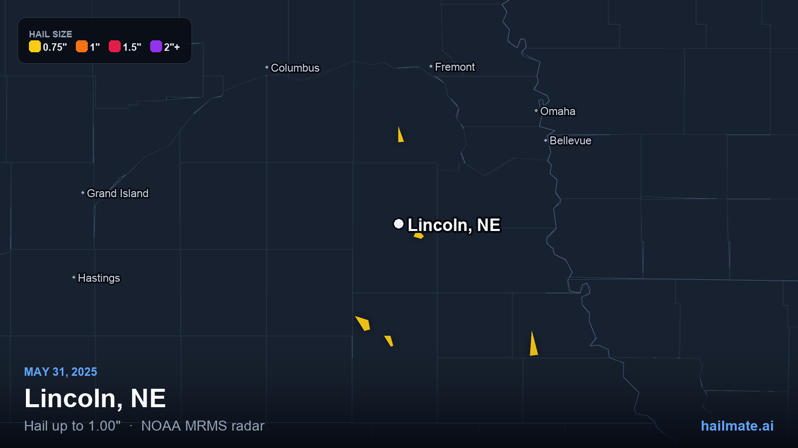 Hail swath map for Lincoln, NE on May 31, 2025 showing 1.00 inch hail.