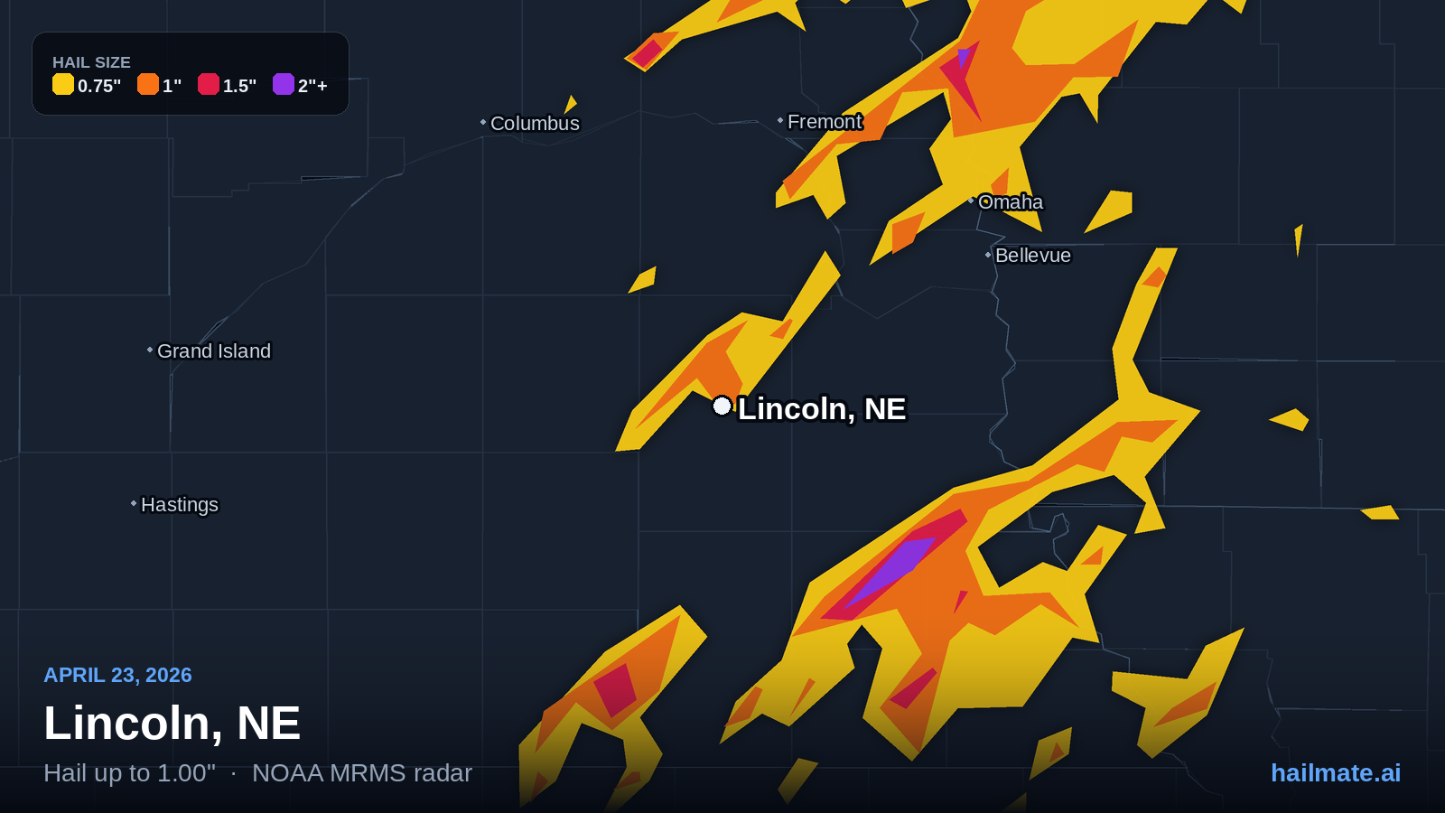 Hail swath map for Lincoln, NE on April 23, 2026 showing 1.00 inch hail.