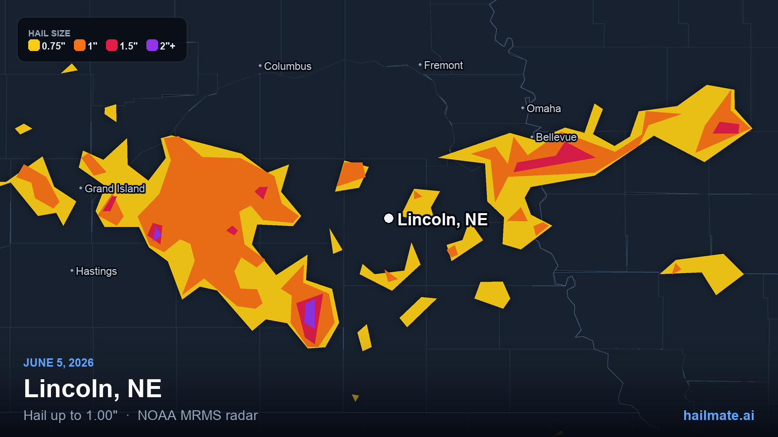 Hail swath map for Lincoln, NE on June 5, 2026 showing 1.00 inch hail.