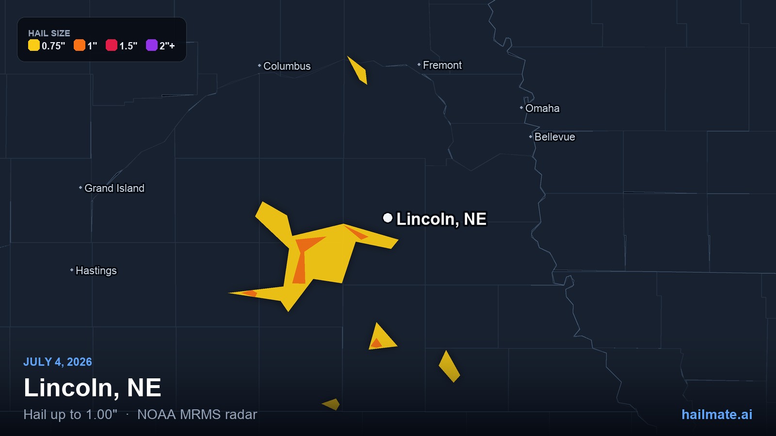 Hail swath map for Lincoln, NE on July 4, 2026 showing 1.00 inch hail.