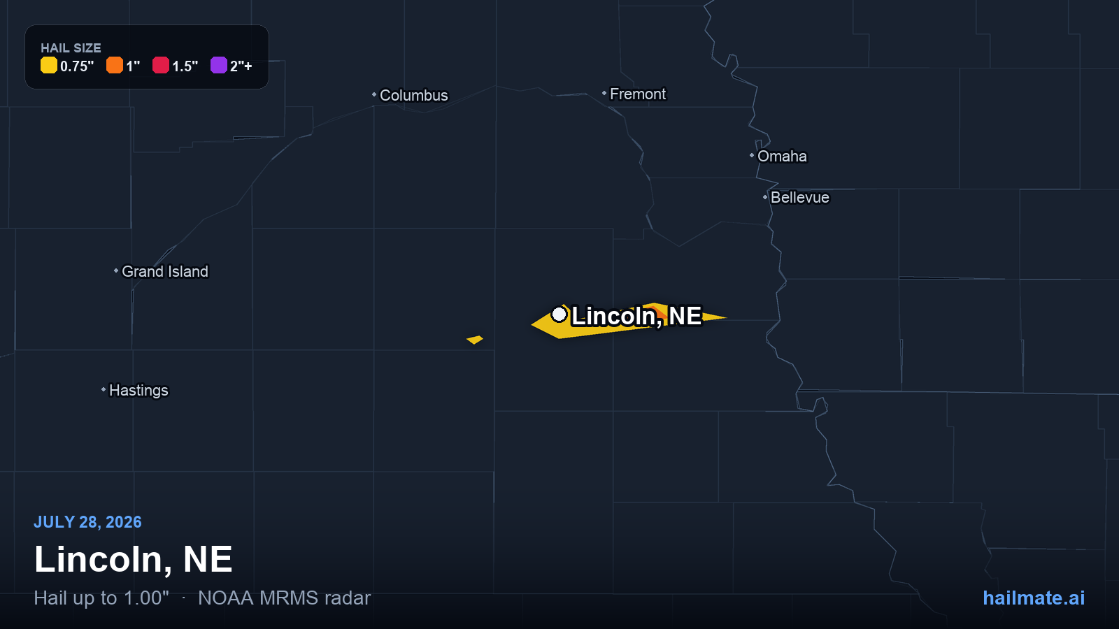 Hail swath map for Lincoln, NE on July 28, 2026 showing 1.00 inch hail.