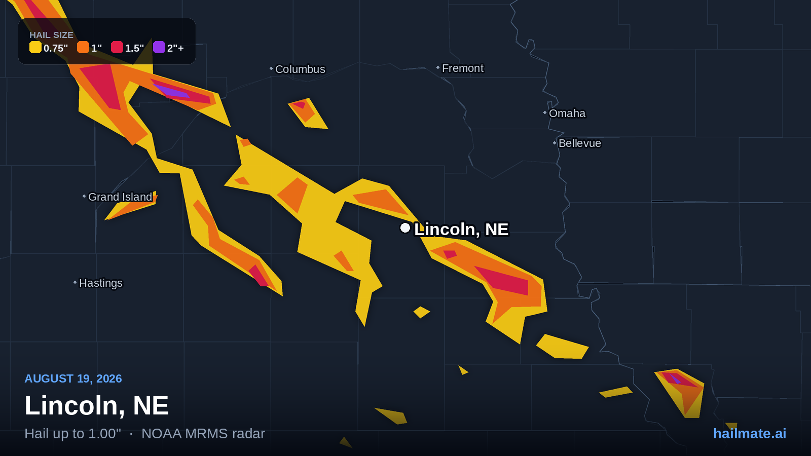 Hail swath map showing 1.00 inch hail over Lincoln, Nebraska on August 19, 2026.