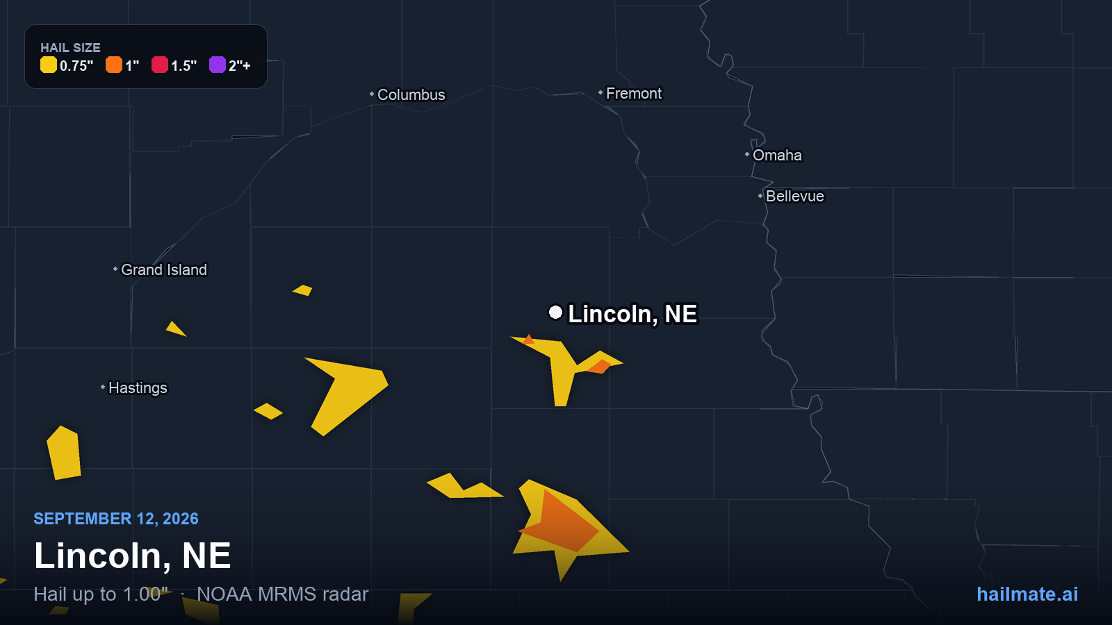Hail swath map for Lincoln, NE on September 12, 2026 showing 1.00 inch hail.