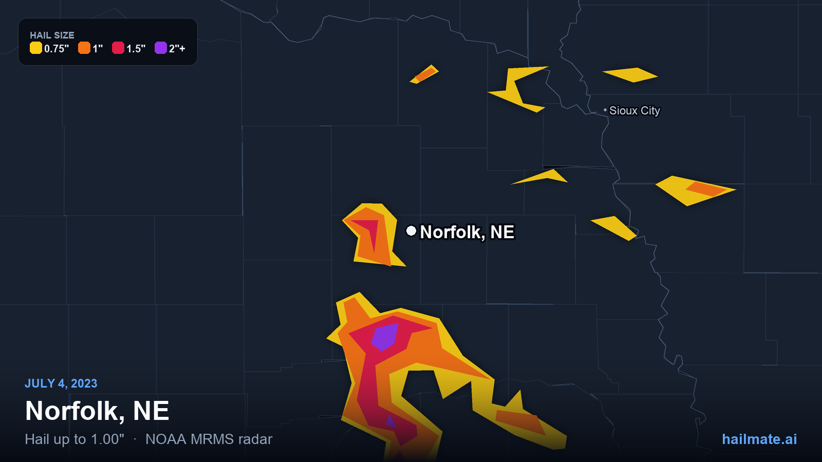 Hail swath map for Norfolk, NE on July 4, 2023 showing 1.00 inch hail.