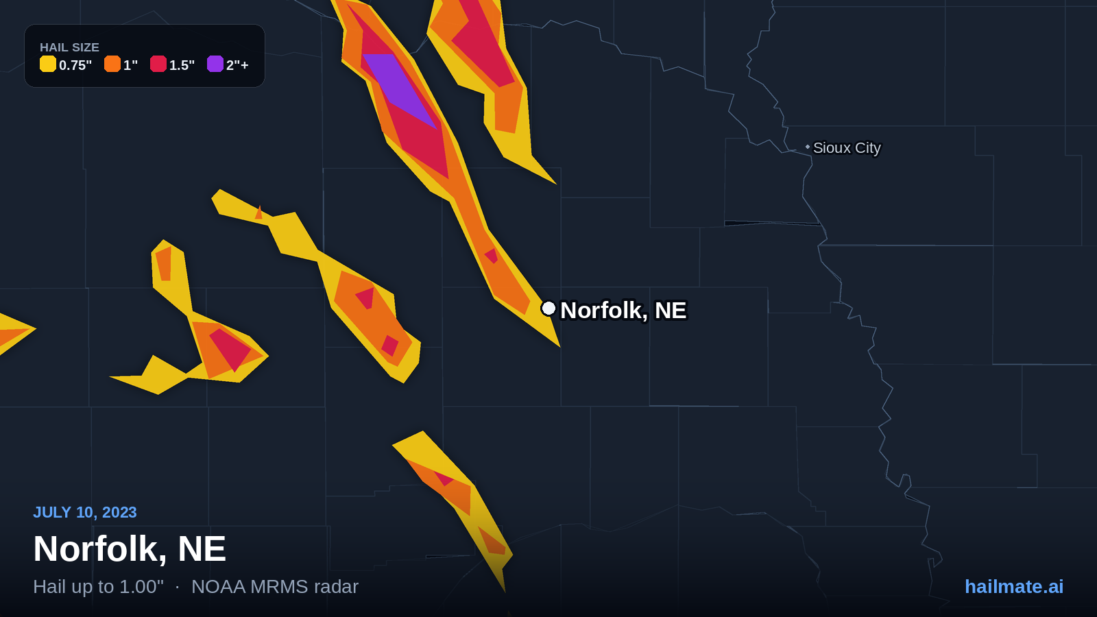 Hail swath map for Norfolk, NE on July 10, 2023 showing 1.00 inch hail.