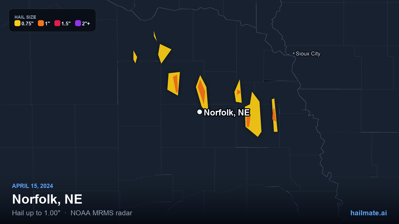 Hail swath map for Norfolk, NE on April 15, 2024 showing 1.00 inch hail.