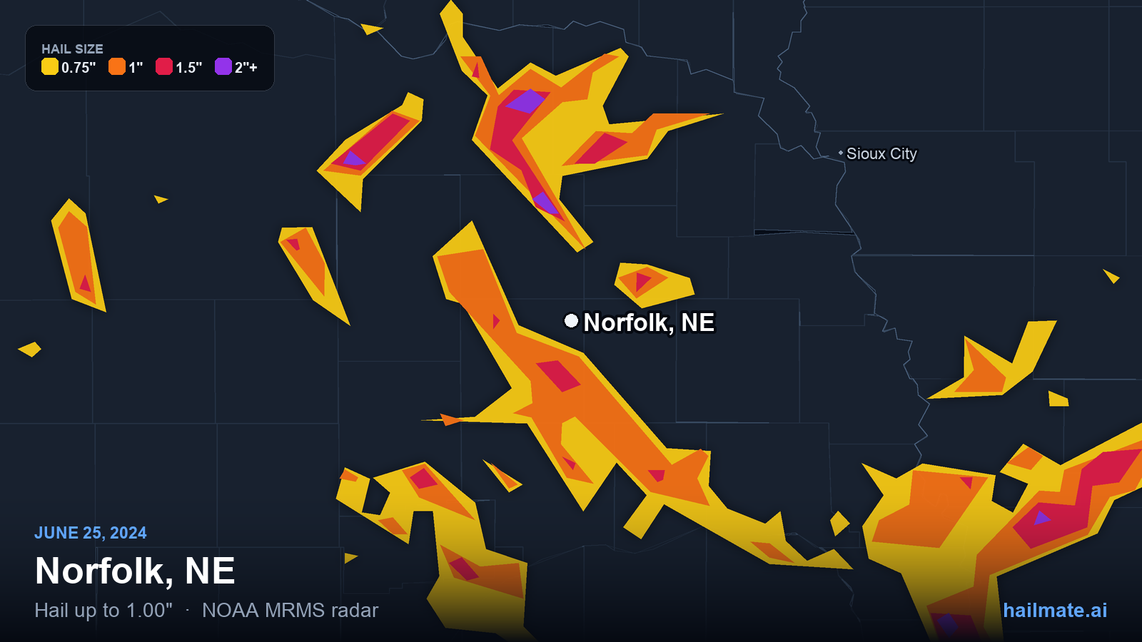 Hail swath map for Norfolk, NE on June 25, 2024 showing 1.00 inch hail.
