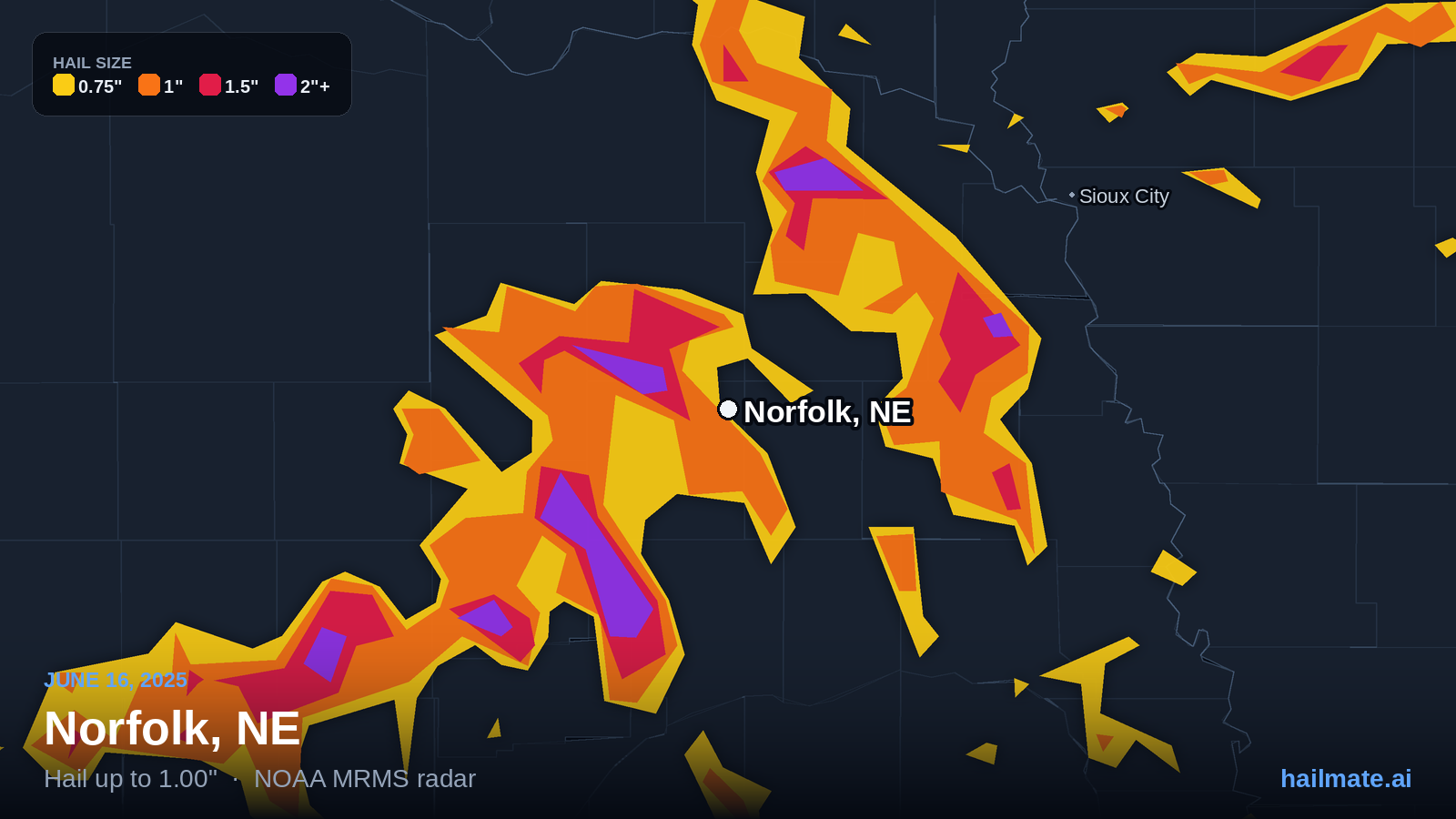 Hail swath map for Norfolk, NE on June 16, 2025 showing 1.00 inch hail.