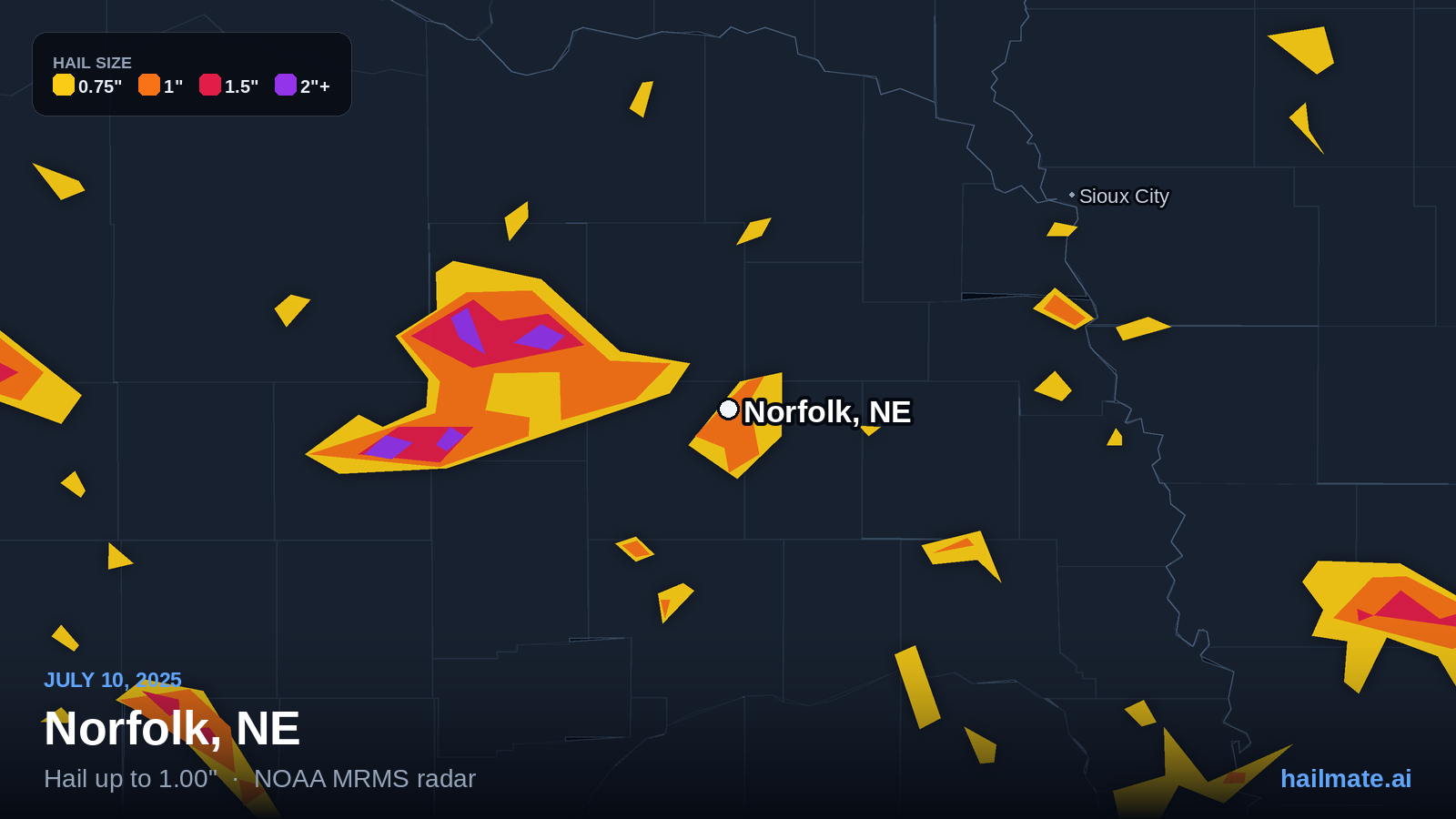 Hail swath map for Norfolk, NE on July 10, 2025 showing 1.00 inch hail.
