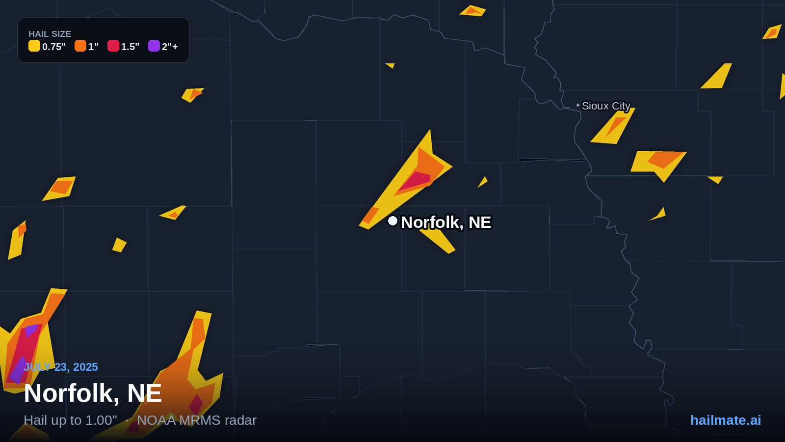 Hail swath map for Norfolk, NE on July 23, 2025 showing 1.00 inch hail.