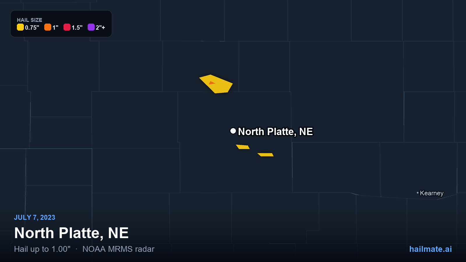Hail swath map for North Platte, NE on July 7, 2023 showing 1.00 inch hail.