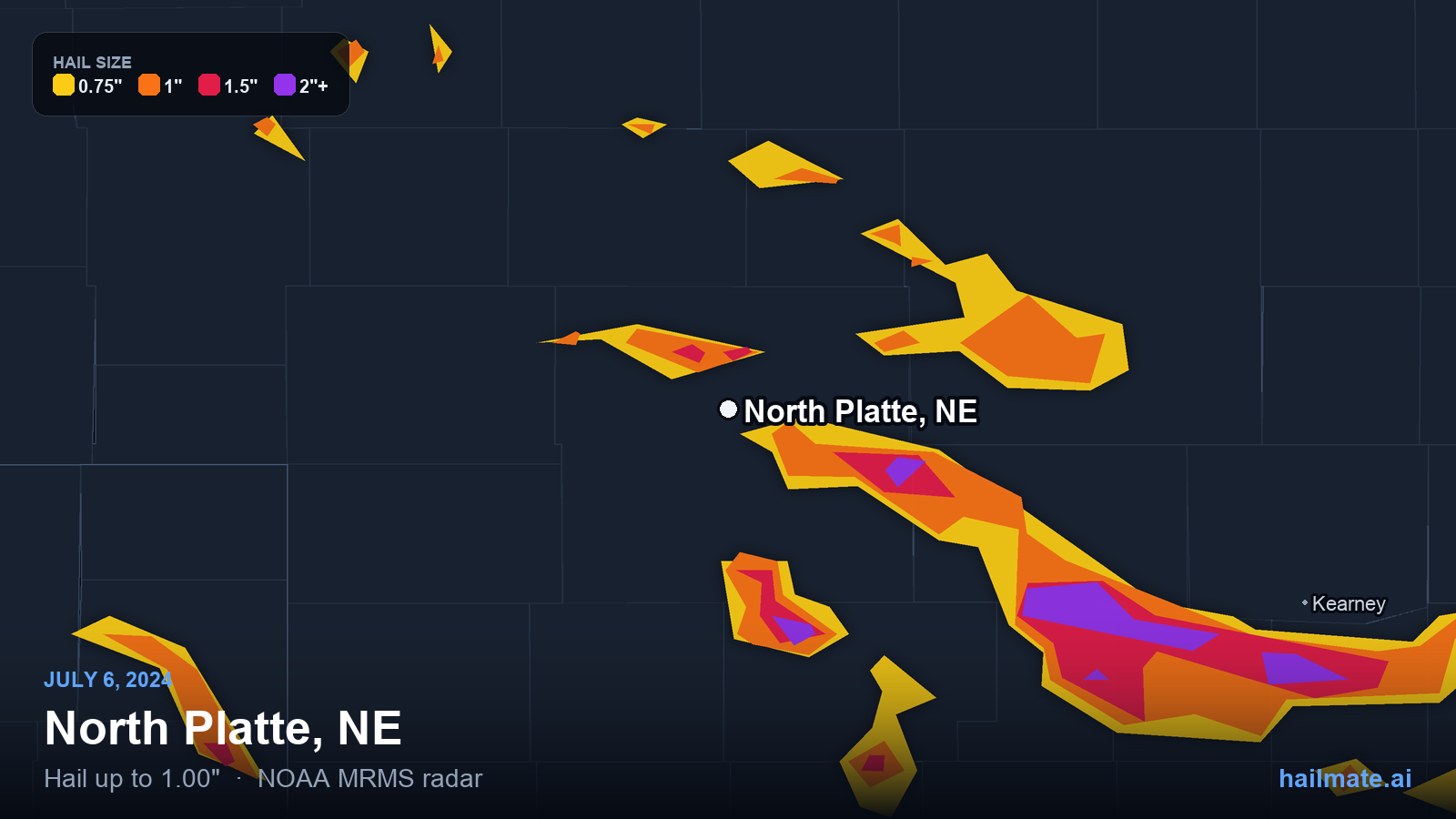 Hail swath map for North Platte, NE on July 6, 2024 showing 1.00 inch hail.