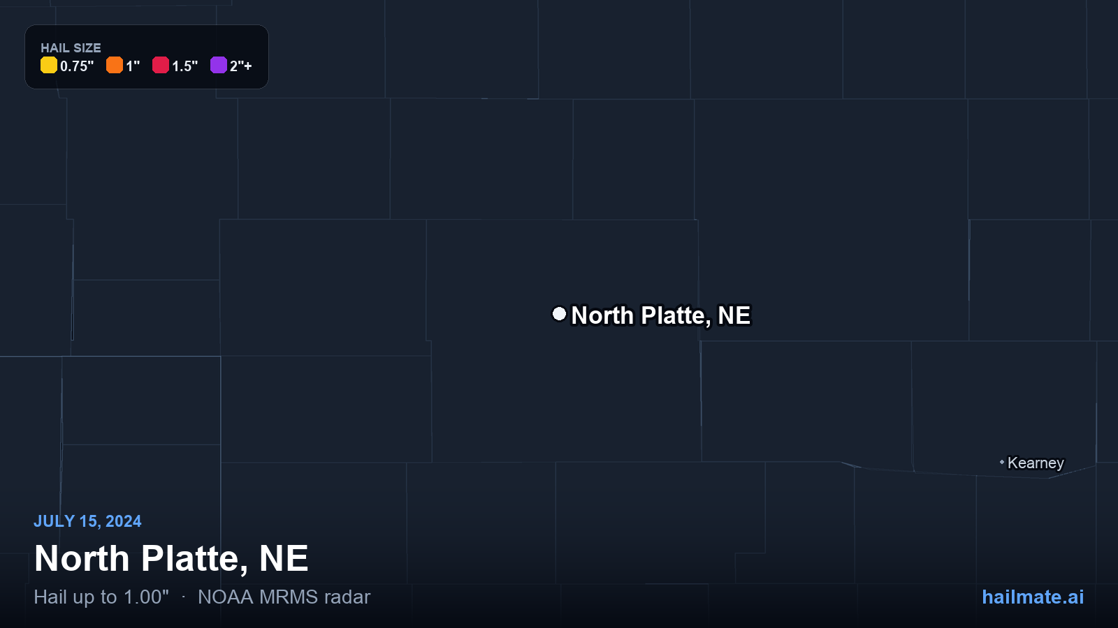 Hail swath map for North Platte, NE on July 15, 2024 showing 1.00 inch hail.