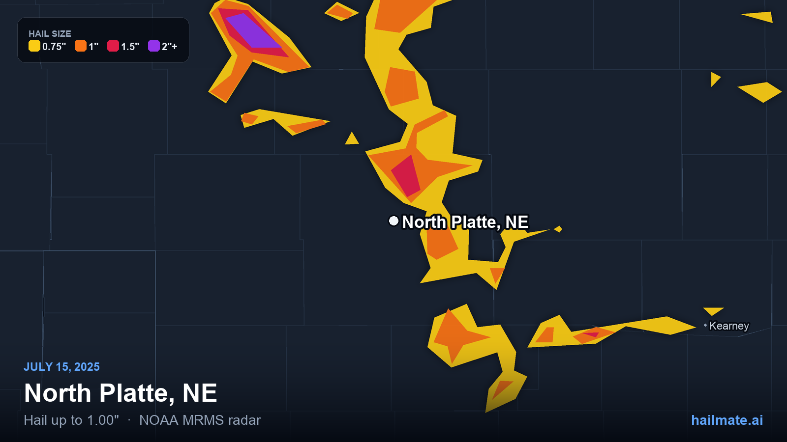 Hail swath map for North Platte, NE on July 15, 2025 showing 1.00 inch hail.