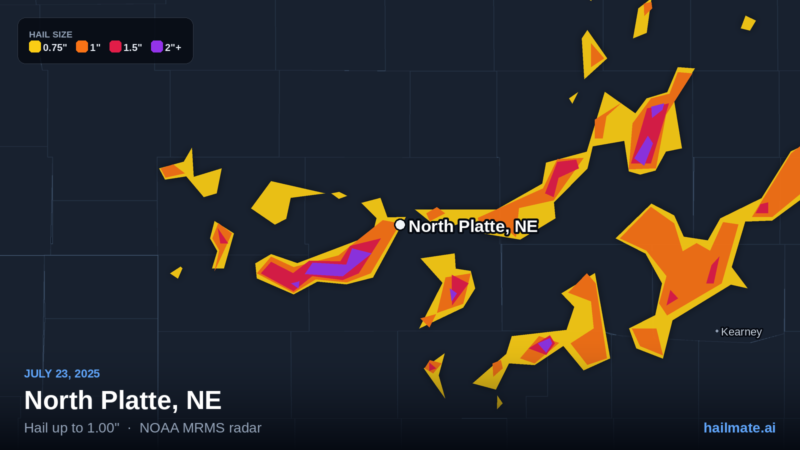 Hail swath map for North Platte, NE on July 23, 2025 showing 1.00 inch hail.