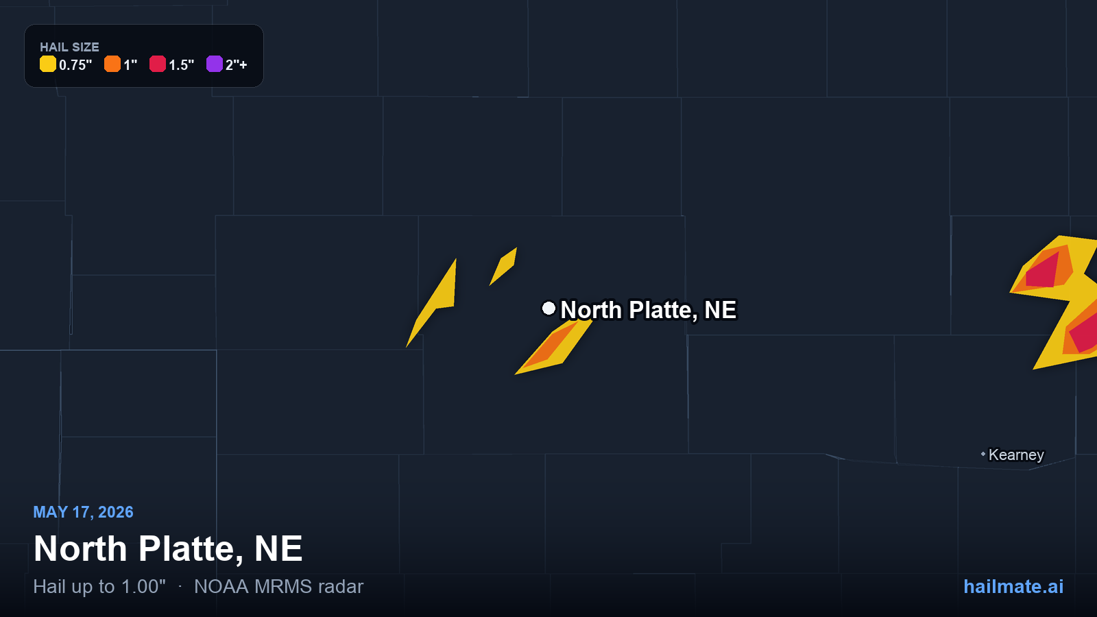 Hail swath map for North Platte, NE on May 17, 2026 showing 1.00 inch hail.