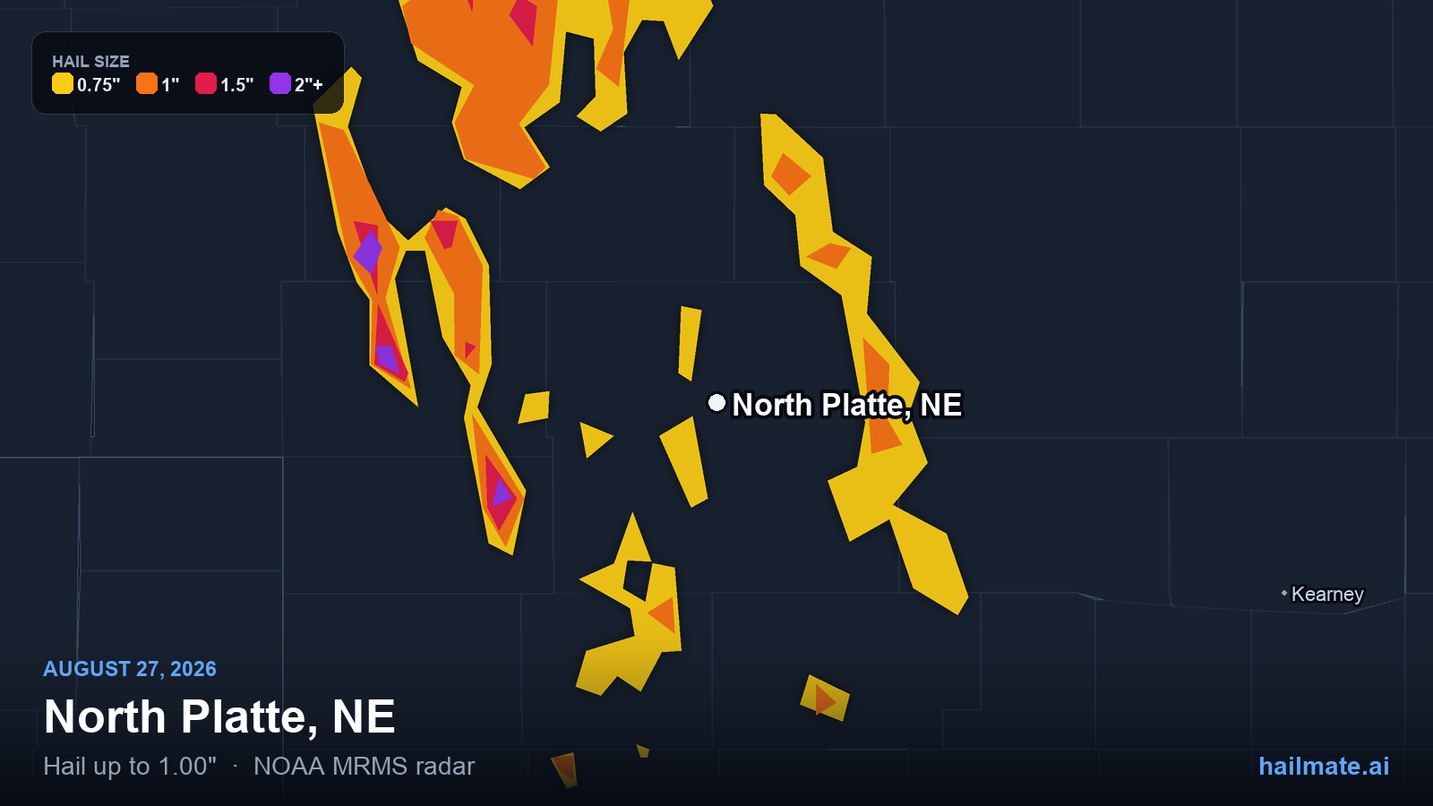 Hail swath map for North Platte, NE on August 27, 2026 showing 1.00 inch hail.