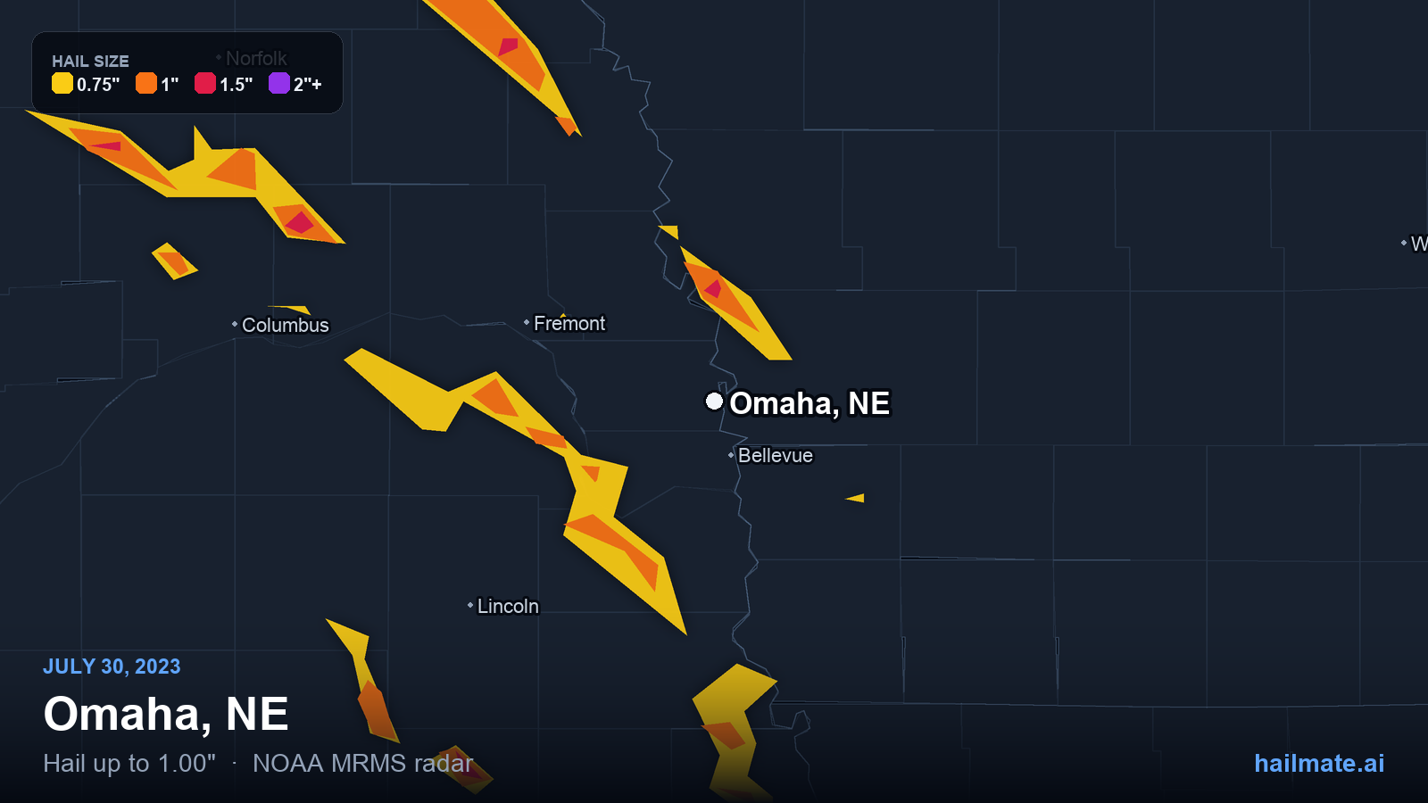 Hail swath map for Omaha, NE on July 30, 2023 showing 1.00 inch hail.