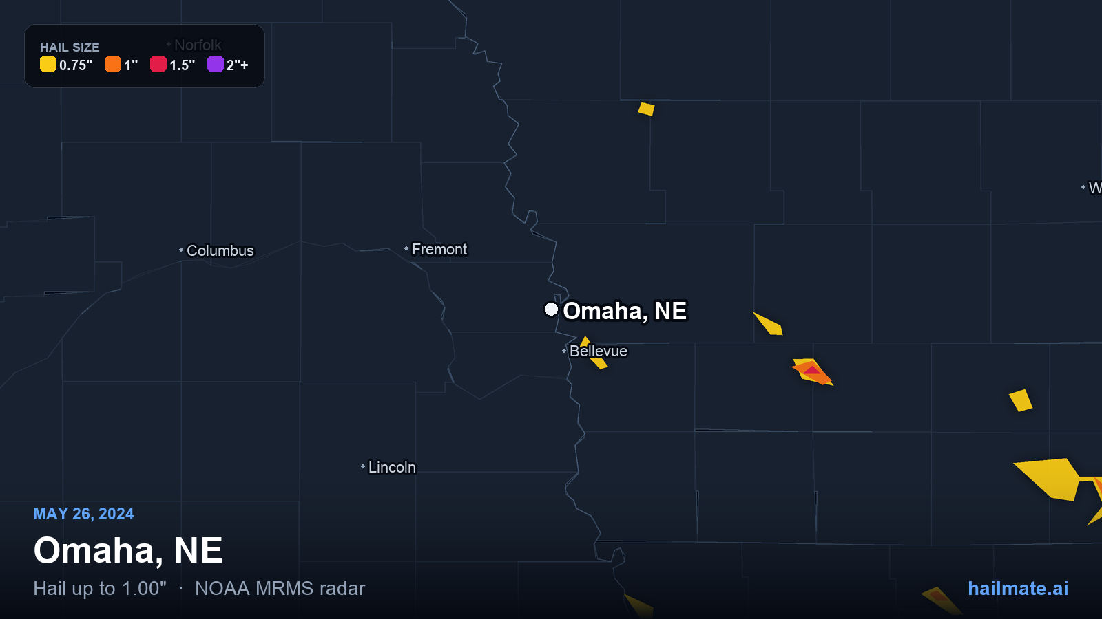 Hail swath map for Omaha, NE on May 26, 2024 showing 1.00 inch hail.