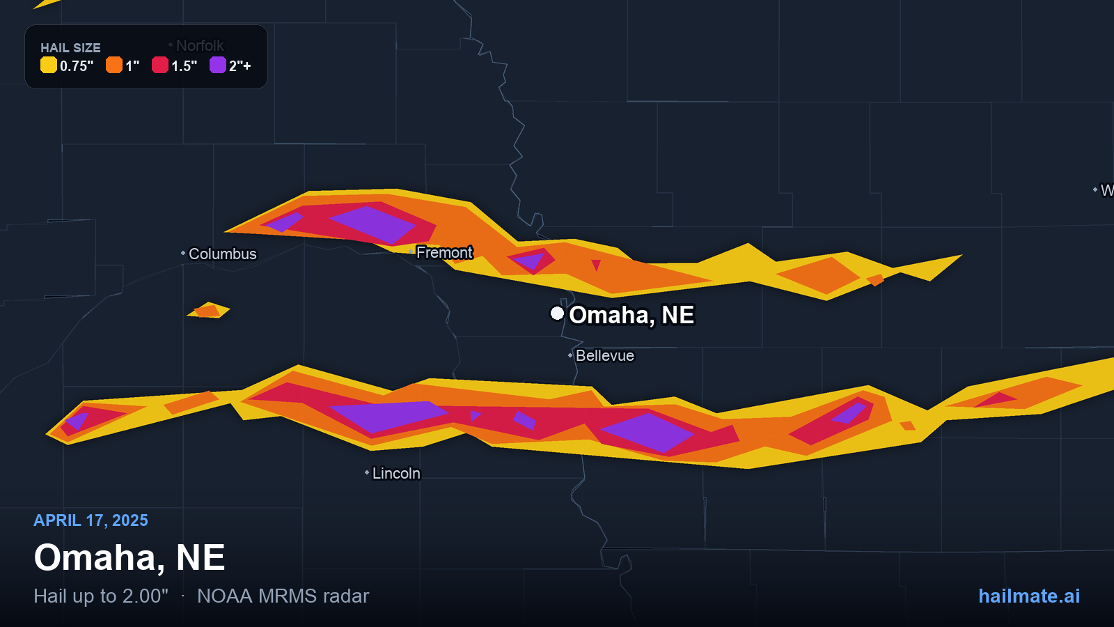 Hail swath map for Omaha, NE on April 17, 2025 showing 2.00 inch hail.