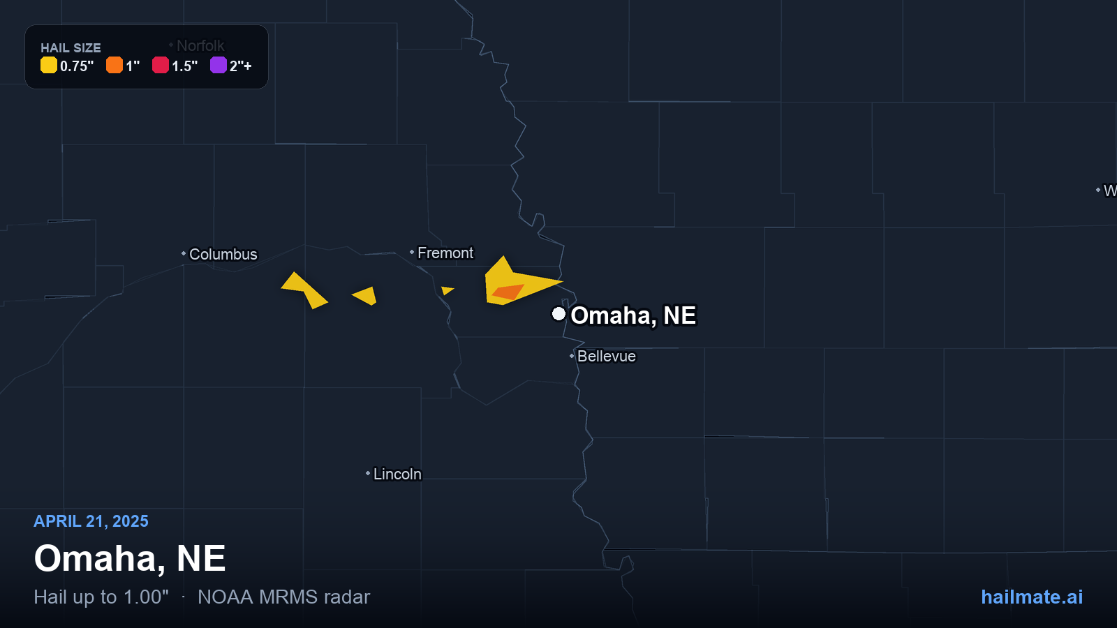 Hail swath map for Omaha, NE on April 21, 2025 showing 1.00 inch hail.