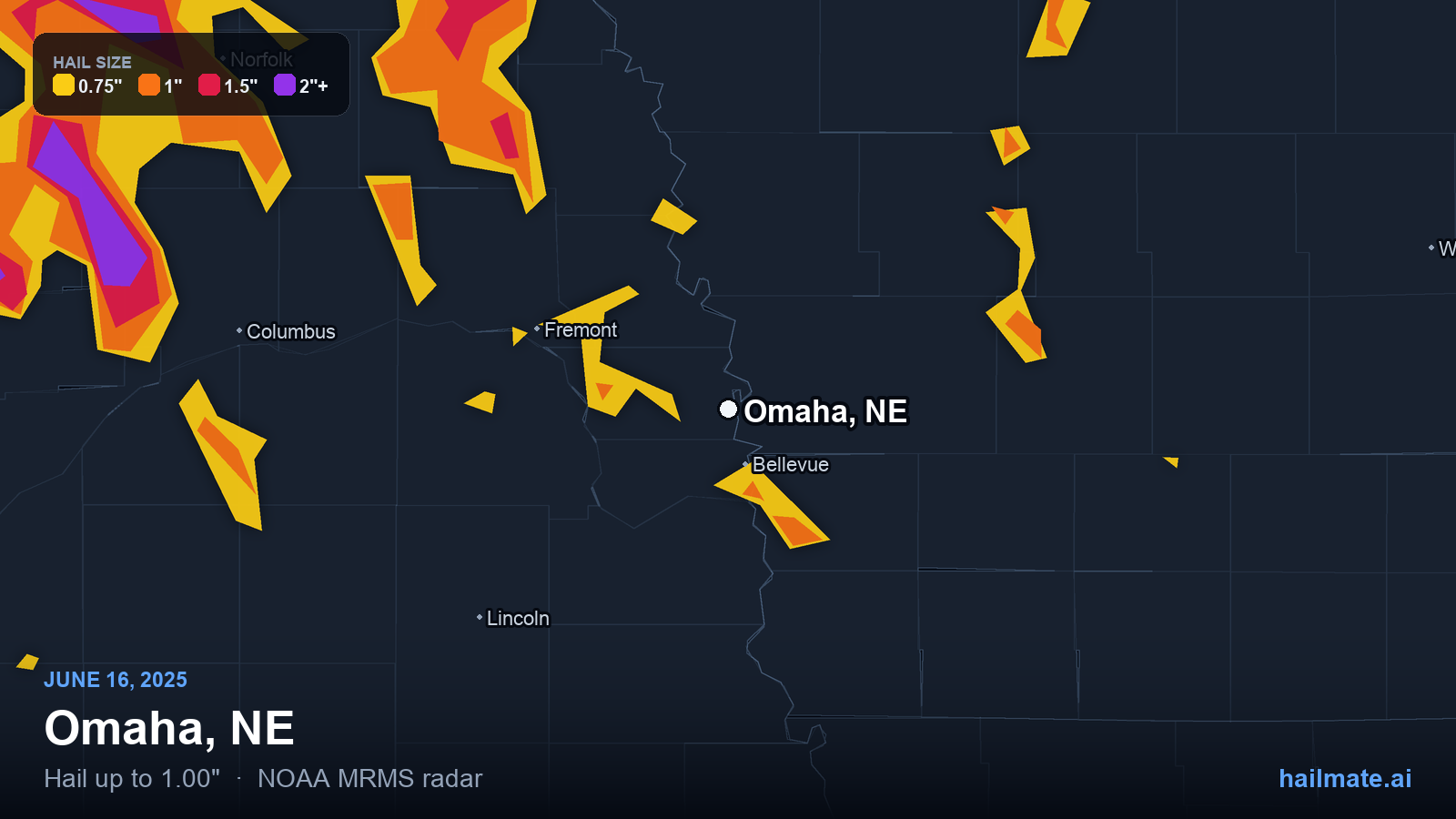 Hail swath map for Omaha, NE on June 16, 2025 showing 1.00 inch hail.