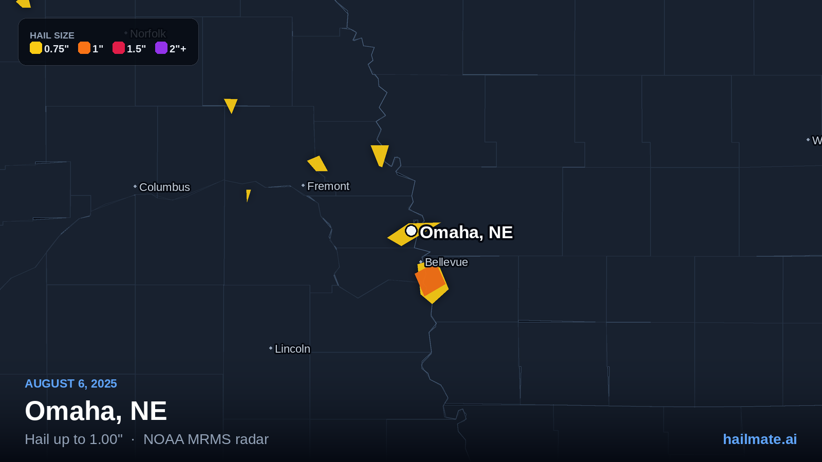 Hail swath map for Omaha, NE on August 6, 2025 showing 1.00 inch hail.