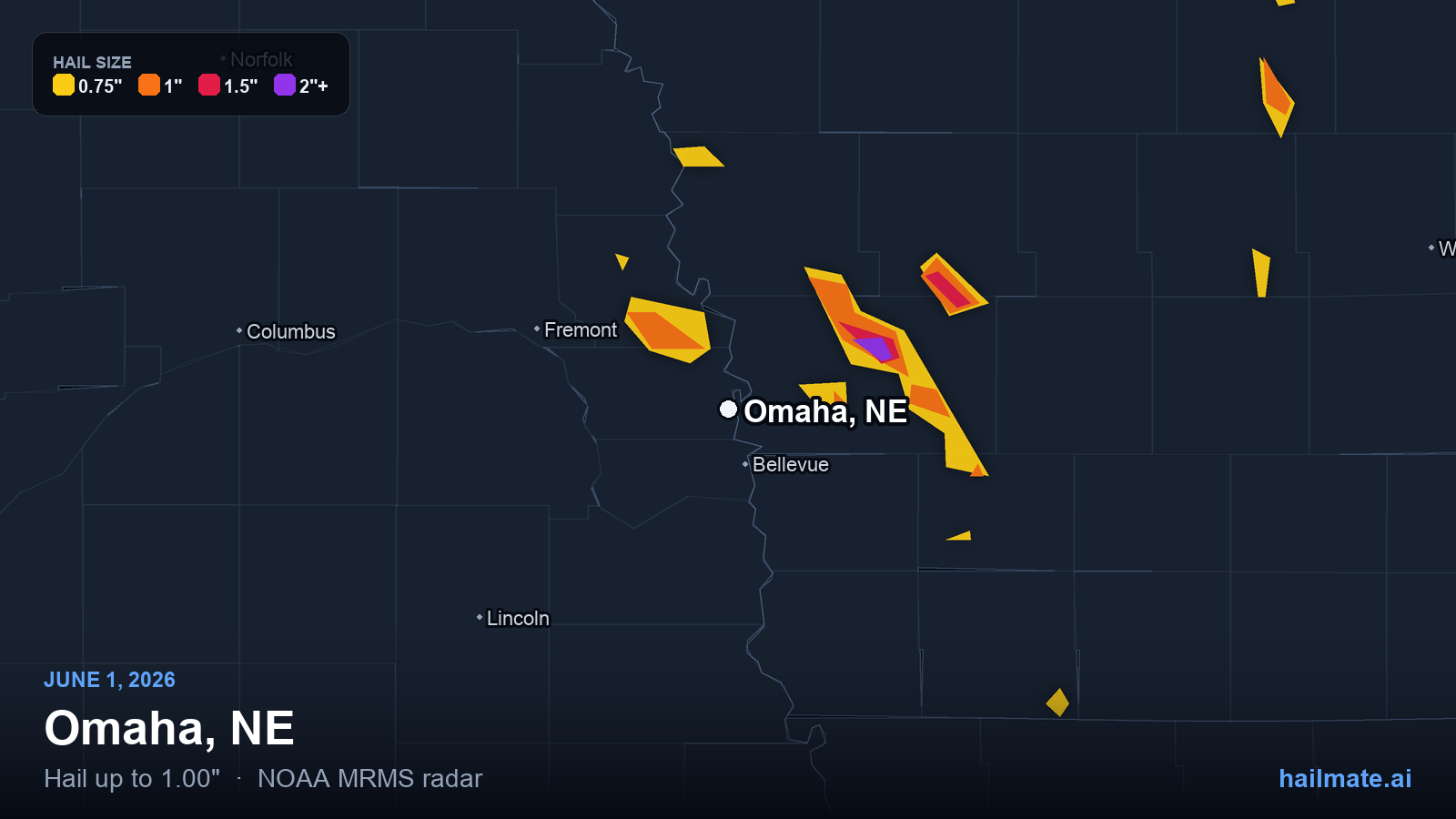 Hail swath map for Omaha, NE on June 1, 2026 showing 1.00 inch hail.