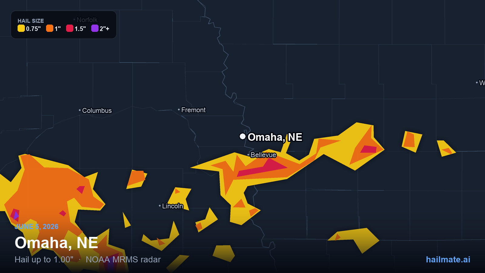 Hail swath map for Omaha, NE on June 5, 2026 showing 1.00 inch hail.