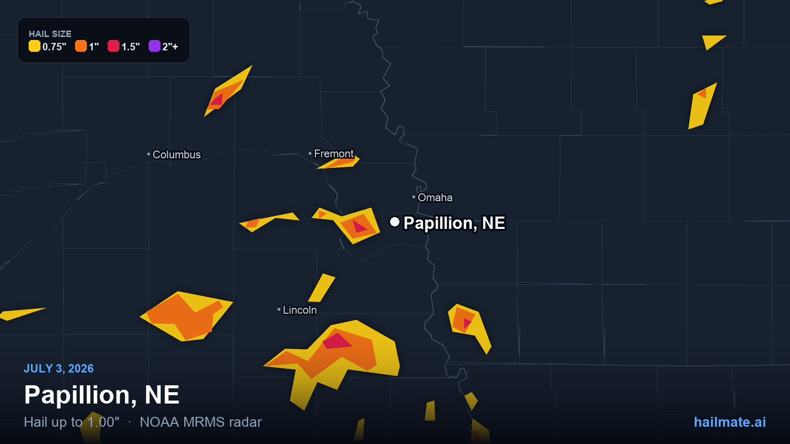 Hail swath map for Papillion, NE on July 3, 2026 showing 1.00 inch hail.