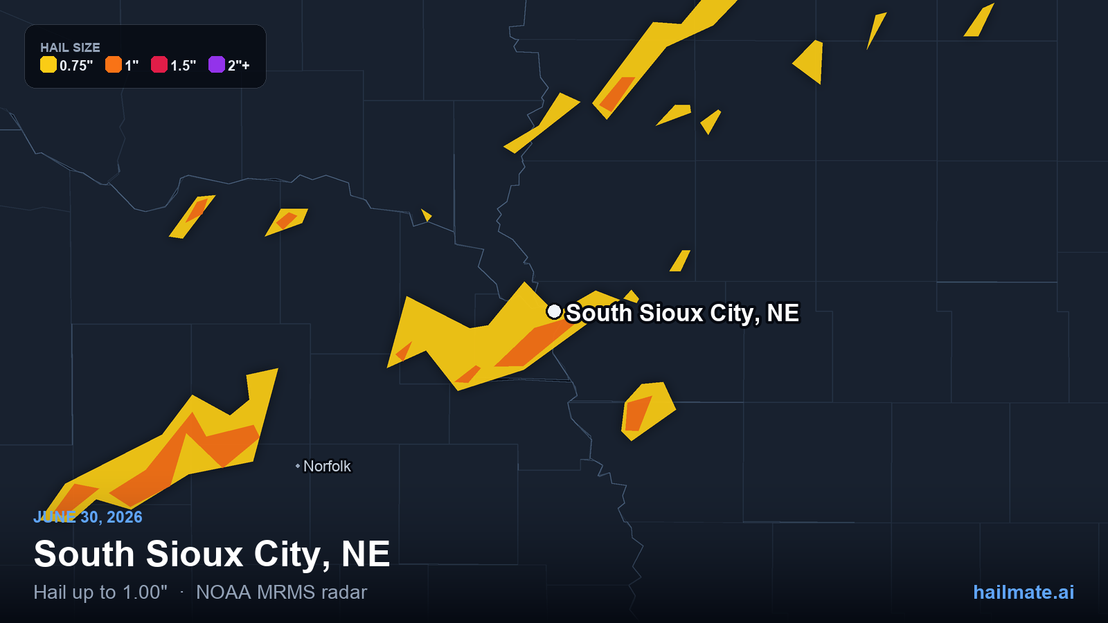 Hail swath map for South Sioux City, NE on June 30, 2026 showing 1.00 inch hail.