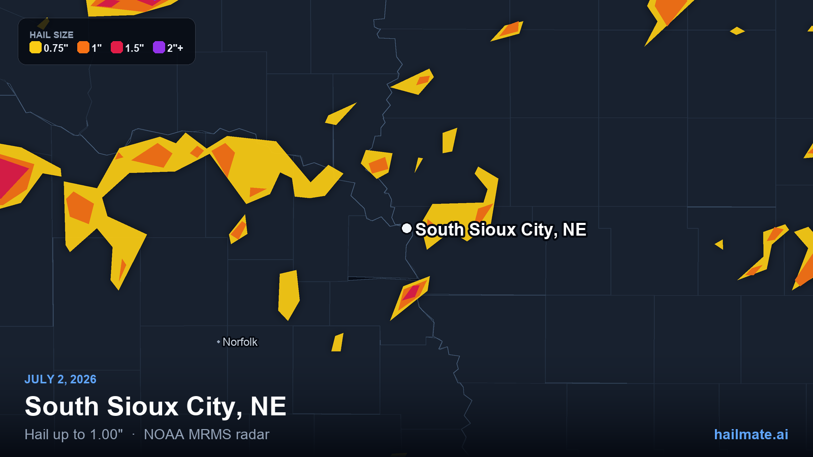 Hail swath map for South Sioux City, NE on July 2, 2026 showing 1.00 inch hail.